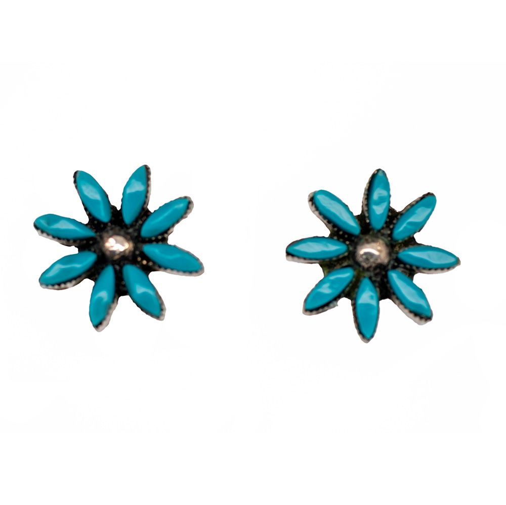 SILVER TURQUOISE FLOWER EARRINGS - ZUNI - JOHNSON LAWEKA