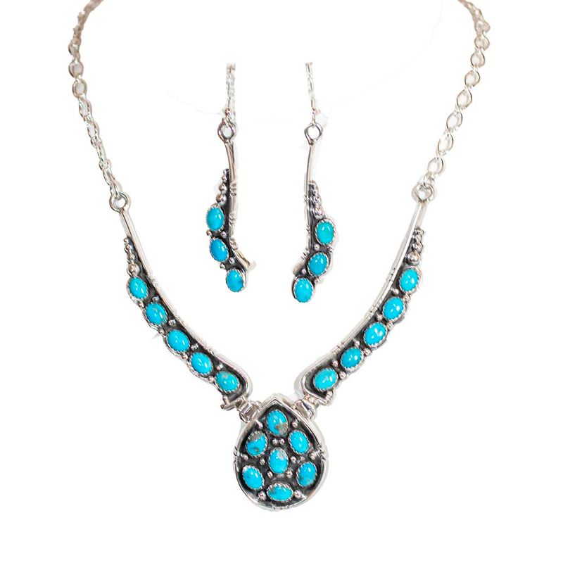 SILVER TURQUOISE NECKLACE &amp; EARRING SET - NAVAJO - EMER THOMPSON