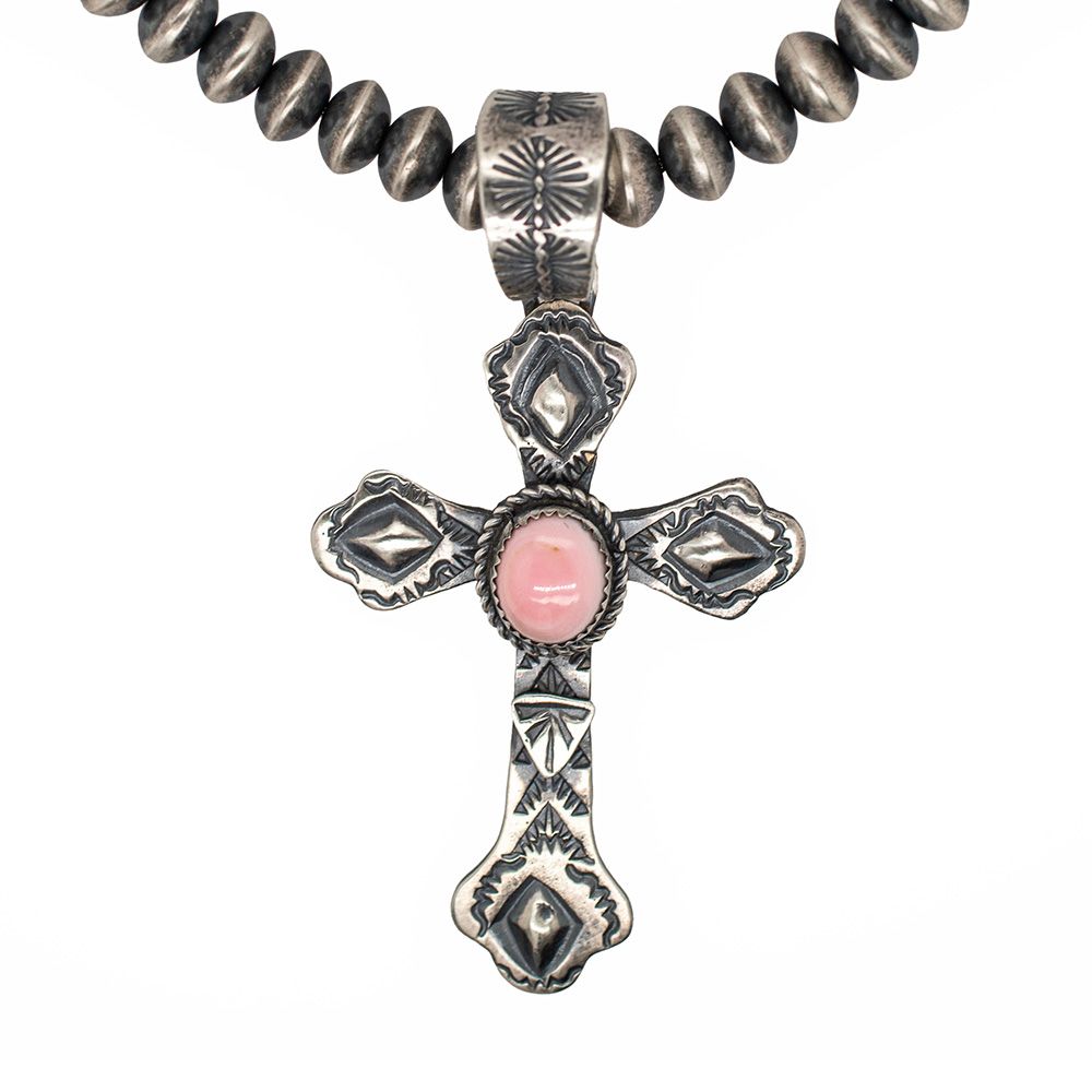 SILVER PINK CONCH CROSS PENDANT - NAVAJO - RICHARD YAZZIE