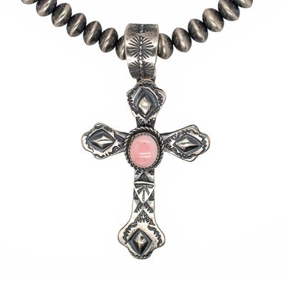 SILVER PINK CONCH CROSS PENDANT - NAVAJO - RICHARD YAZZIE