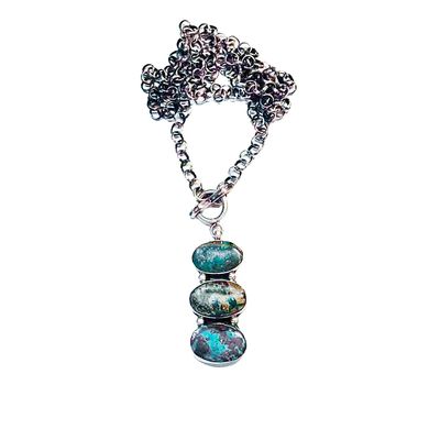 SILVER 3-STONE TURQUOISE NECKLACE NAVAJO - RUSSELL SAM SILVER 3-STONE TURQUOISE NECKLACE NAVAJO - RUSSELL SAM