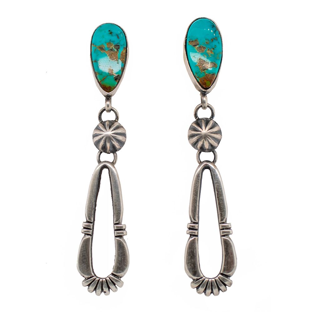SILVER TURQUOISE DOUBLE TEARDROP EARRINGS - NAVAJO - CECIL HENRY