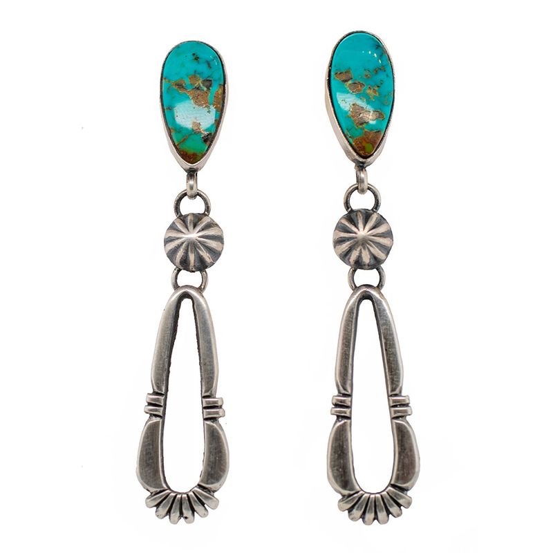 SILVER TURQUOISE DOUBLE TEARDROP EARRINGS - NAVAJO - CECIL HENRY