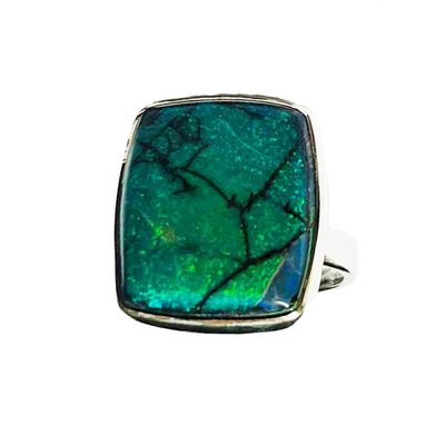 SILVER SPIDER-WEB OPAL RECTANGLE RING - ADJ