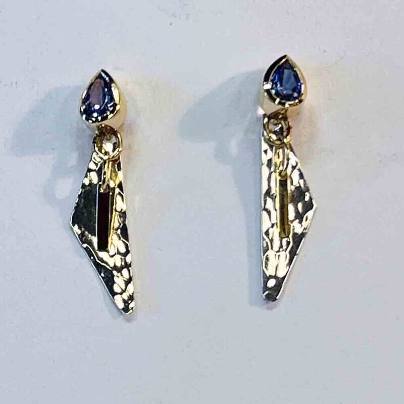 14K/SILVER HAMMERED DANGLE W/TANZANITE POST EARRINGS