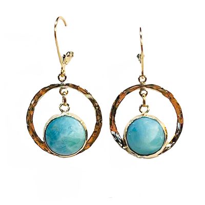 GOLD-FILLED HAMMERED DISC LARIMAR EARRINGS