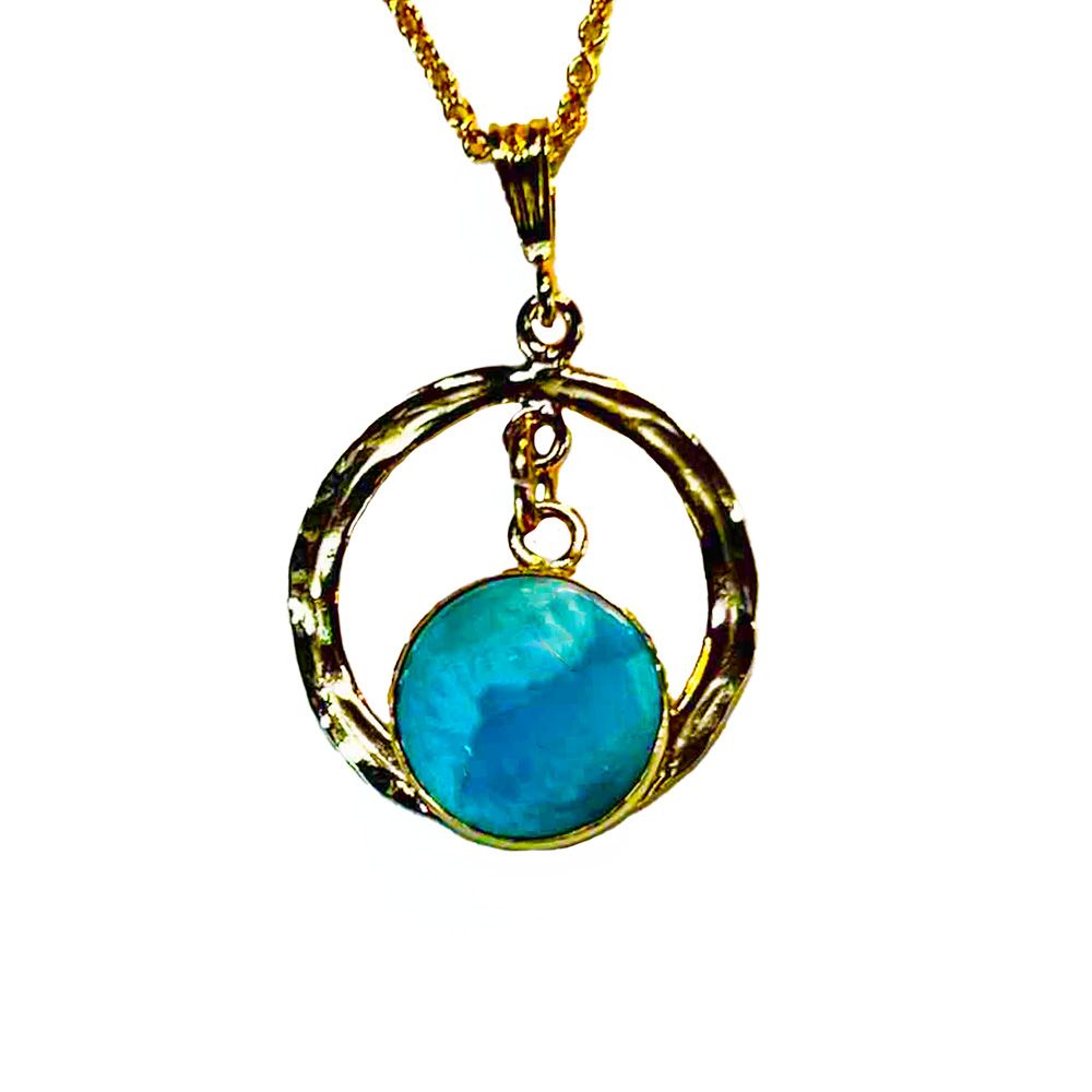 GOLD-FILLED HAMMERED DISC LARIMAR NECKLACE