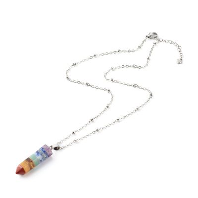 SILVER STAINLESS CHAKRA GEMSTONE &amp; BALL CHAIN NECKLACE