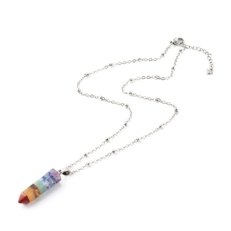 SILVER STAINLESS CHAKRA GEMSTONE &amp; BALL CHAIN NECKLACE