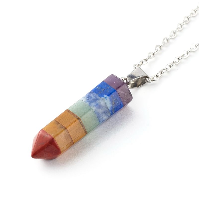 SILVER STAINLESS CHAKRA GEMSTONE &amp; CABLE CHAIN NECKLACE