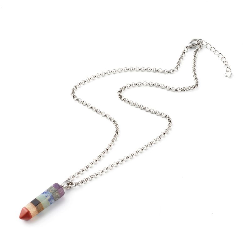 SILVER STAINLESS CHAKRA GEMSTONE &amp; ROLO CHAIN NECKLACE FJN182