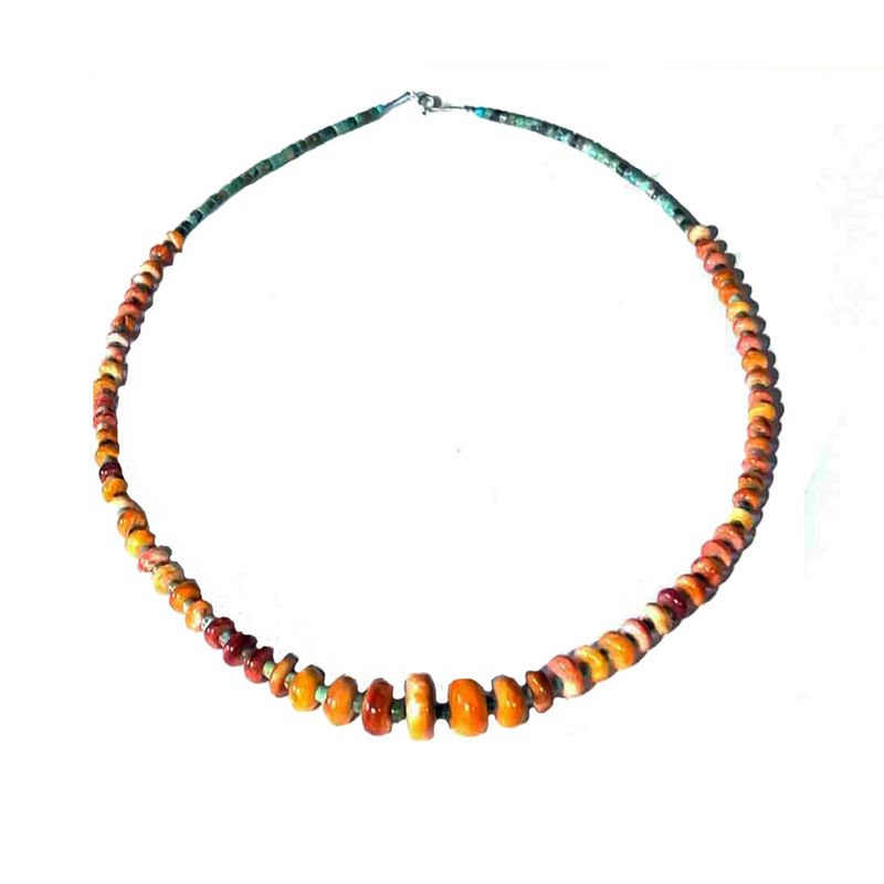 SILVER TURQUOISE &amp; SPINY BEADED NECKLACE NAVAJO - CHARLENE LITTLE