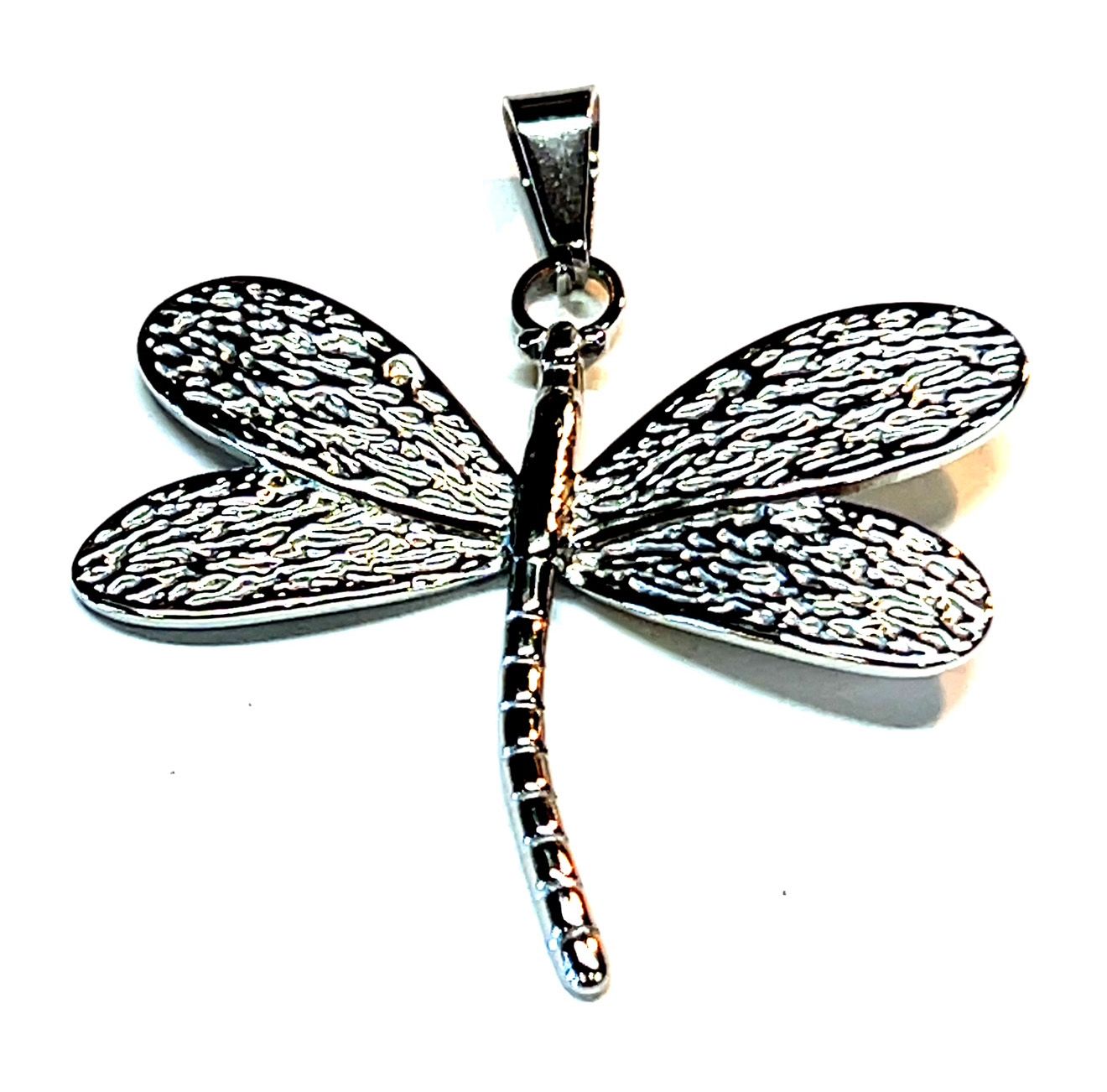 SILVER STAINLESS TEXTURED DRAGONFLY PENDANT