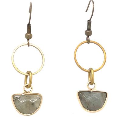 BRASS CIRCLE LINKED  LABRADORITE EARRINGS