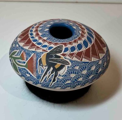 MATA ORTIZ ETCHED BEE &amp; FLOWER 3 X 4