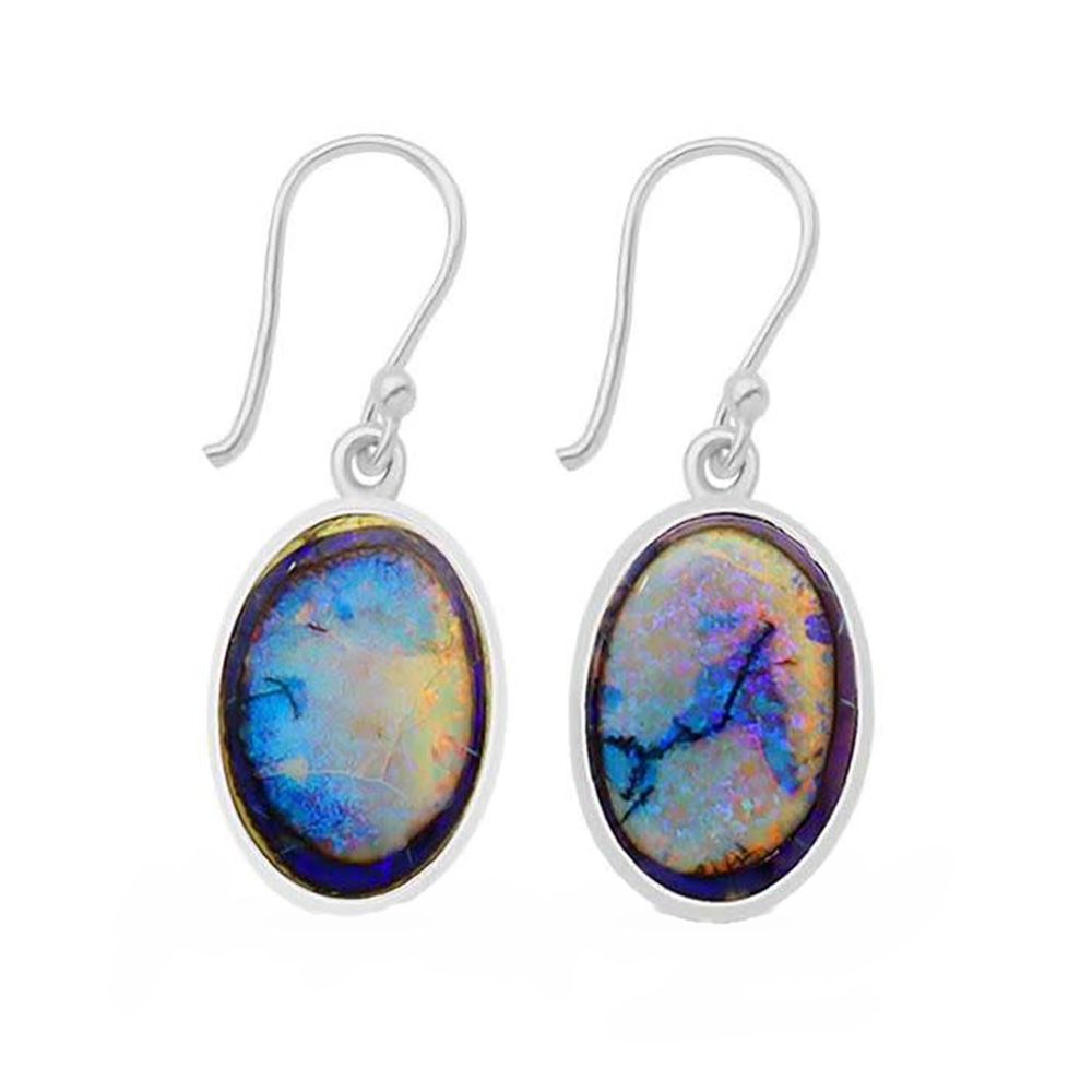 SILVER NATURAL OPAL SPIDER-WEB OVAL EARRINGS