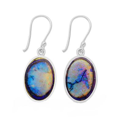 SILVER NATURAL OPAL SPIDER-WEB OVAL EARRINGS