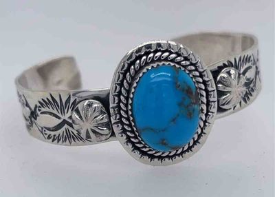 SILVER STAMPED TURQUOISE CUFF - NAVAJO - CHARLENE LITTLE