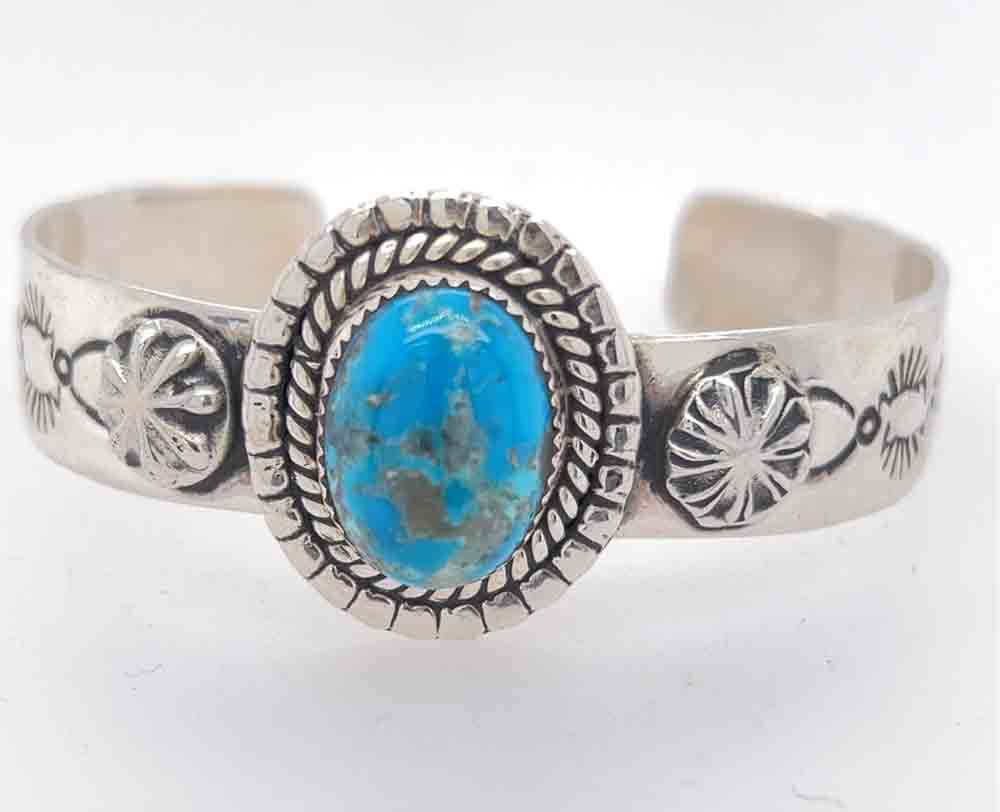 SILVER STAMPED TURQUOISE CUFF - NAVAJO - CHARLENE LITTLE