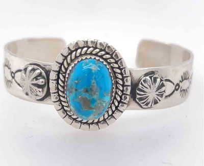 SILVER STAMPED TURQUOISE CUFF - NAVAJO - CHARLENE LITTLE