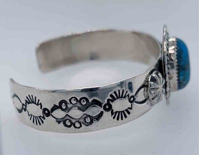 SILVER STAMPED TURQUOISE CUFF - NAVAJO - CHARLENE LITTLE