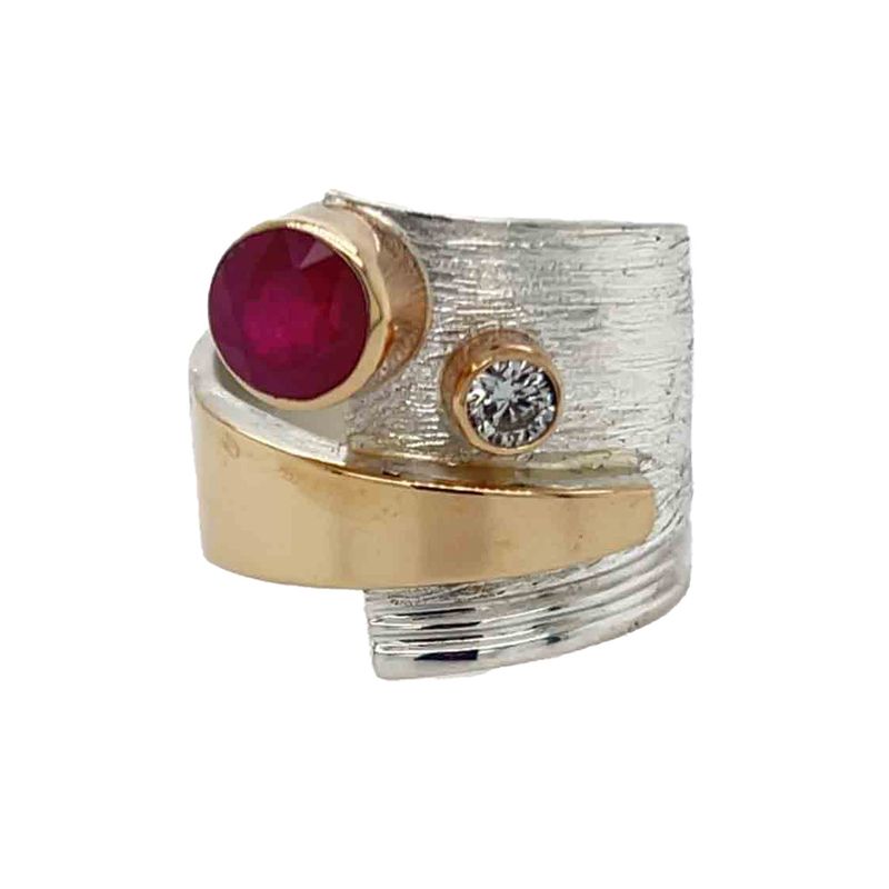 SILVER/14K RUBY &amp; DIAMOND WRAP RING - SIZE 8.5
