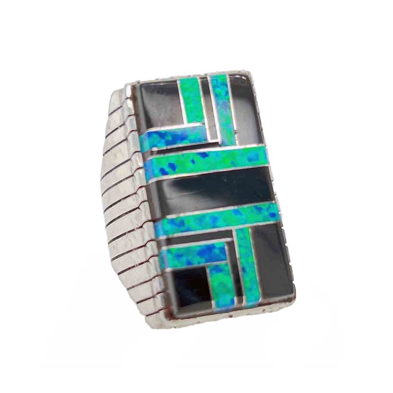 SILVER INLAY ONYX &amp; BLUE OPAL RING - NAVAJO - RAY JACK -SIZE 10