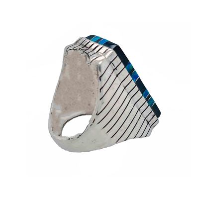 SILVER INLAY ONYX & BLUE OPAL RING - NAVAJO - RAY JACK -SIZE 10