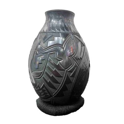 MATA ORTIZ BLACK ETCHED VASE 8" x 4.5"