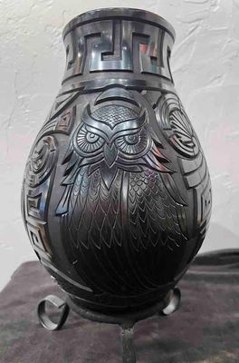 MATA ORTIZ HAND CARVED BLACK OWL VASE - 12" X 7"