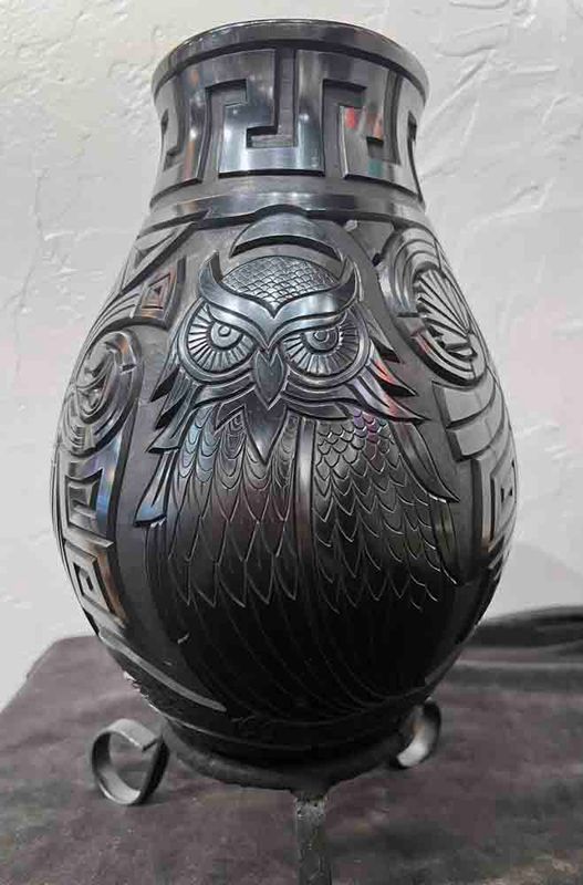 MATA ORTIZ HAND CARVED BLACK OWL VASE - 12" X 7"