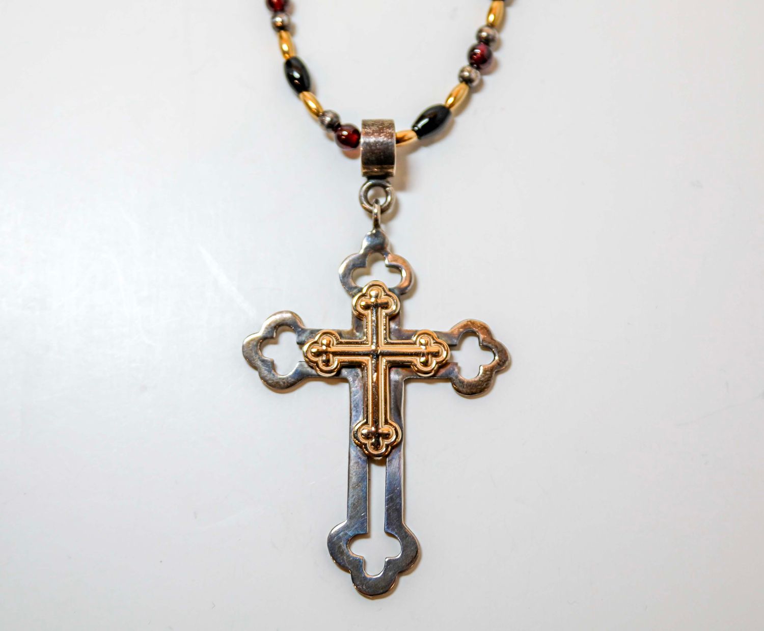 STERLING SILVER &amp; 14K CROSS &amp; GARNET BEADED NECKLACE