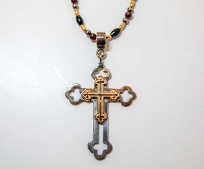STERLING SILVER & 14K CROSS & GARNET BEADED NECKLACE STERLING SILVER & 14K CROSS & GARNET BEADED NECKLACE