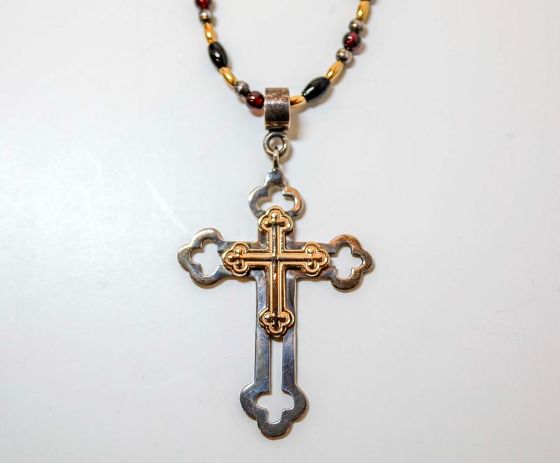 STERLING SILVER &amp; 14K CROSS &amp; GARNET BEADED NECKLACE