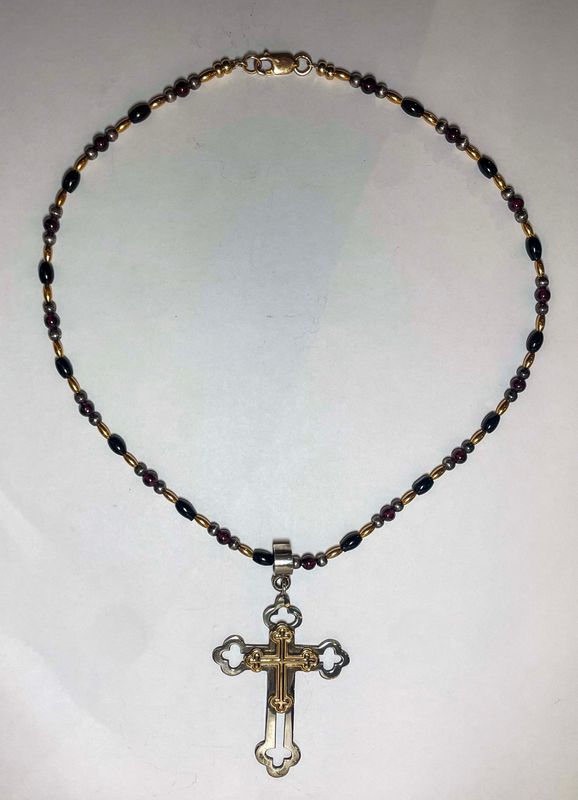 STERLING SILVER &amp; 14K CROSS &amp; GARNET BEADED NECKLACE