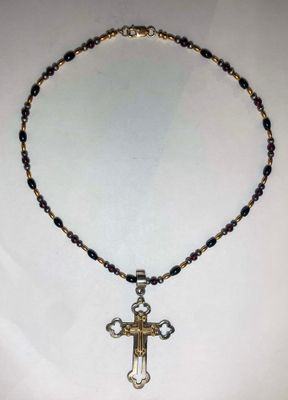 STERLING SILVER &amp; 14K CROSS &amp; GARNET BEADED NECKLACE