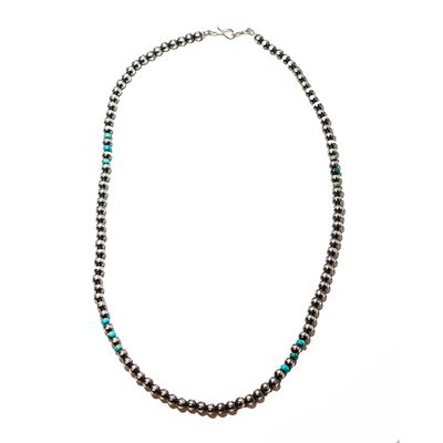 SILVER 5MM 20" NAVAJO PEARL &amp; TURQUIOSE NECKLACE-JAN MARIANO