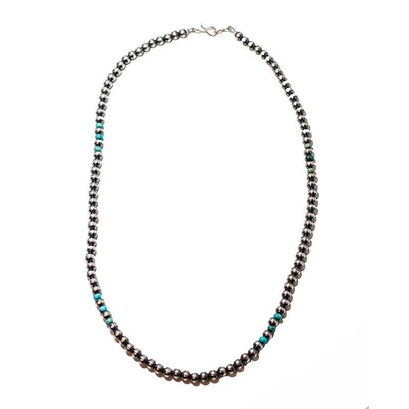 SILVER 5MM 20" NAVAJO PEARL &amp; TURQUIOSE NECKLACE-JAN MARIANO