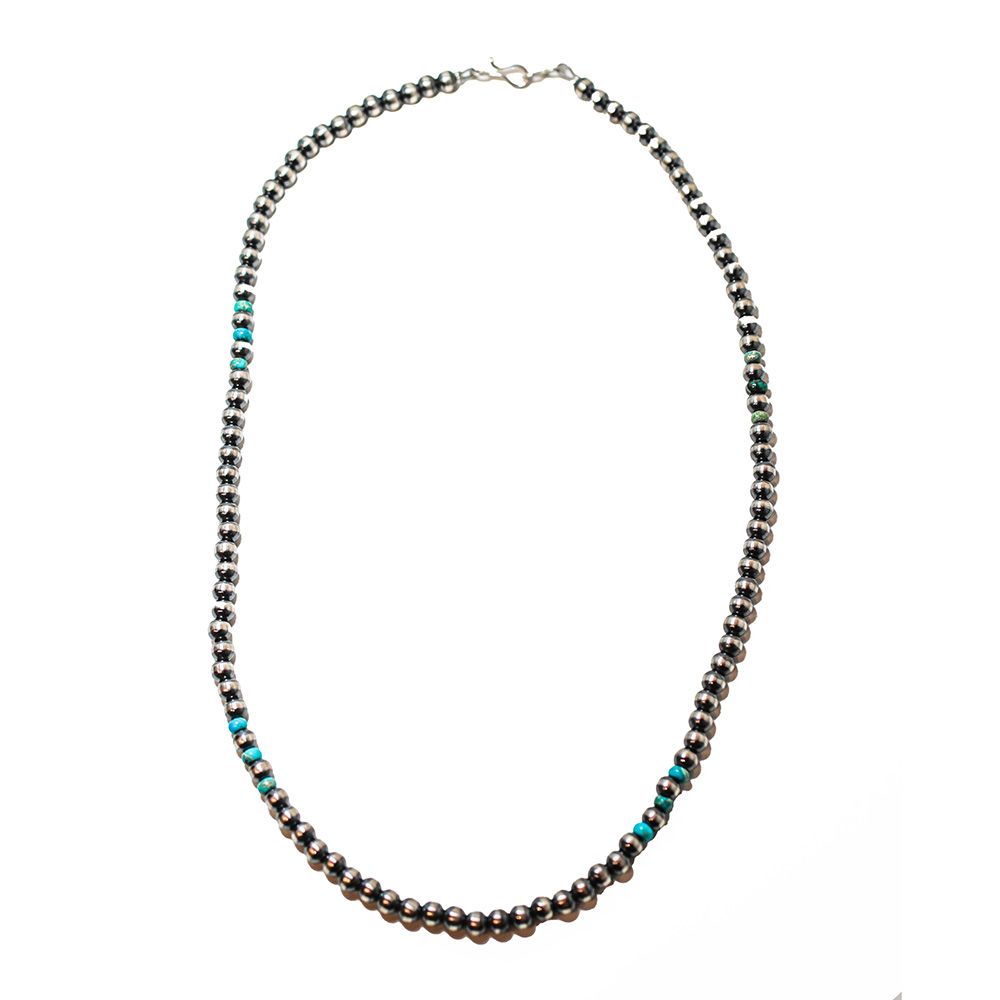 SILVER 6MM 18" NAVAJO PEARL &amp; TURQUIOSE NECKLACE-JAN MARIANO