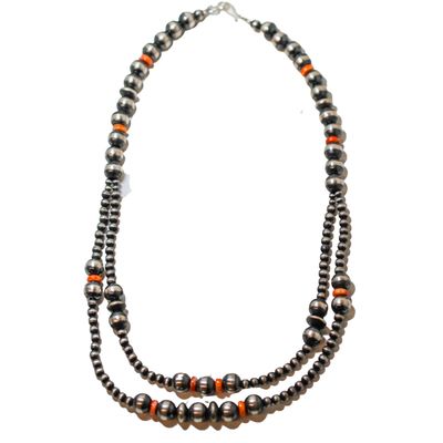SILVER 16" NAVAJO PEARL & SPINY OYSTER NECKLACE -JAN MARIANO SILVER 16" NAVAJO PEARL & SPINY OYSTER NECKLACE -JAN MARIANO