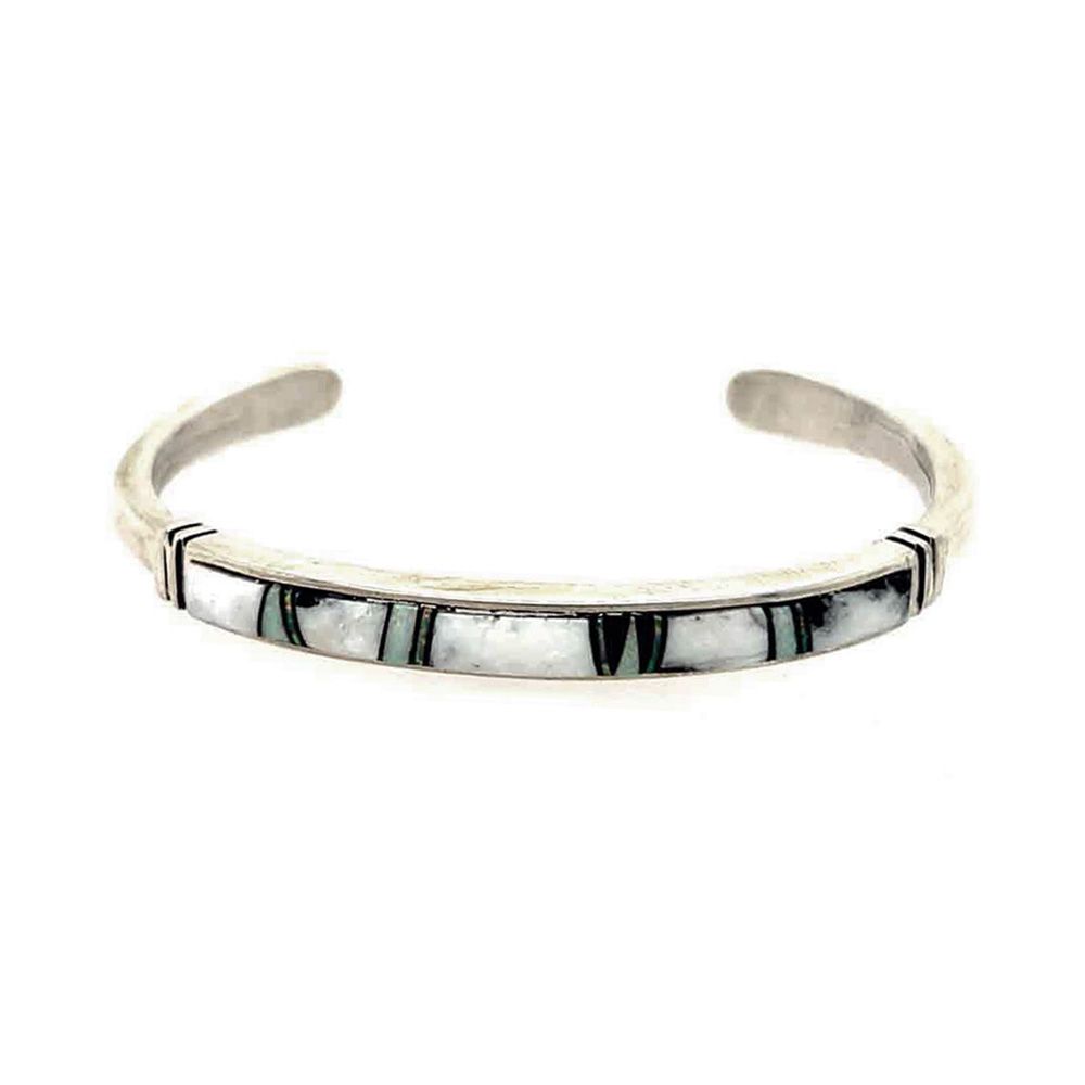 SILVER WHITE BUFFALO &amp; OPAL INLAY CUFF BRACELET-NAVAJO-RICK TOLINO