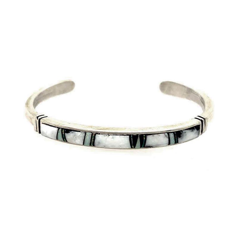 SILVER WHITE BUFFALO &amp; OPAL INLAY CUFF BRACELET-NAVAJO-RICK TOLINO