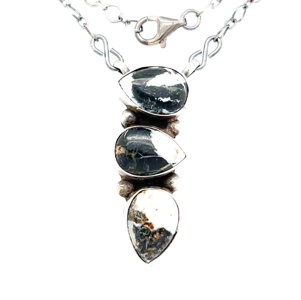 SILVER 3 TEARDROPS W/ WHITE BUFFALO NECKLACE-NAVAJO-RUNNING BRAVE