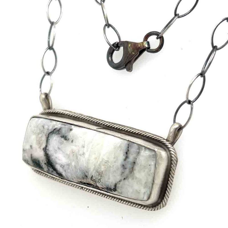 SILVER RECTANGLE WHITE BUFFALO NECKLACE-NAVAJO-ART BROGERMAN