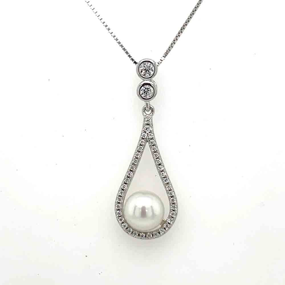 SILVER PEARL &amp; CZ TEARDROP NECKLACE