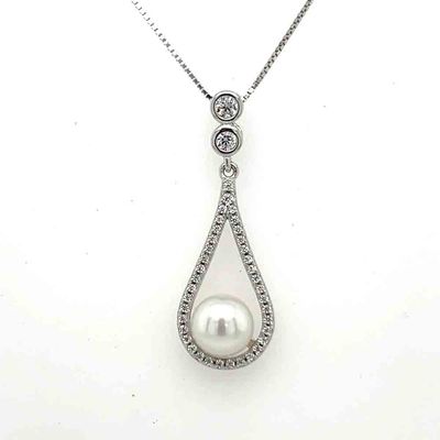 SILVER PEARL &amp; CZ TEARDROP NECKLACE