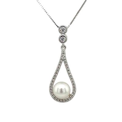 SILVER PEARL &amp; CZ TEARDROP NECKLACE