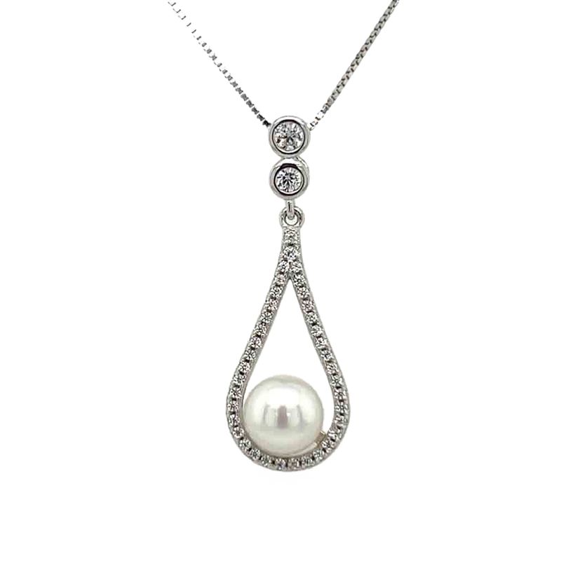 SILVER PEARL &amp; CZ TEARDROP NECKLACE