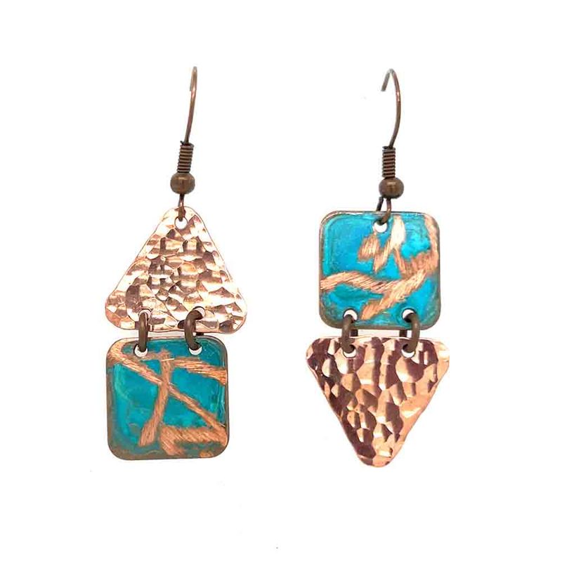 COPPER SQUARE PATINA &amp; TRIANGLE HAMMERED DOUBLE LINKED EARRINGS