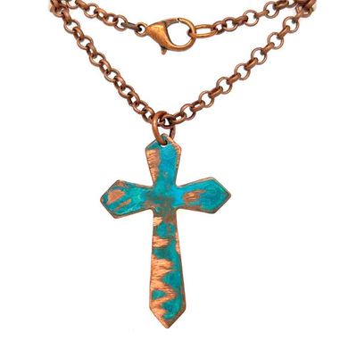 COPPER PATINA TEXTURED CROSS NECKLACE